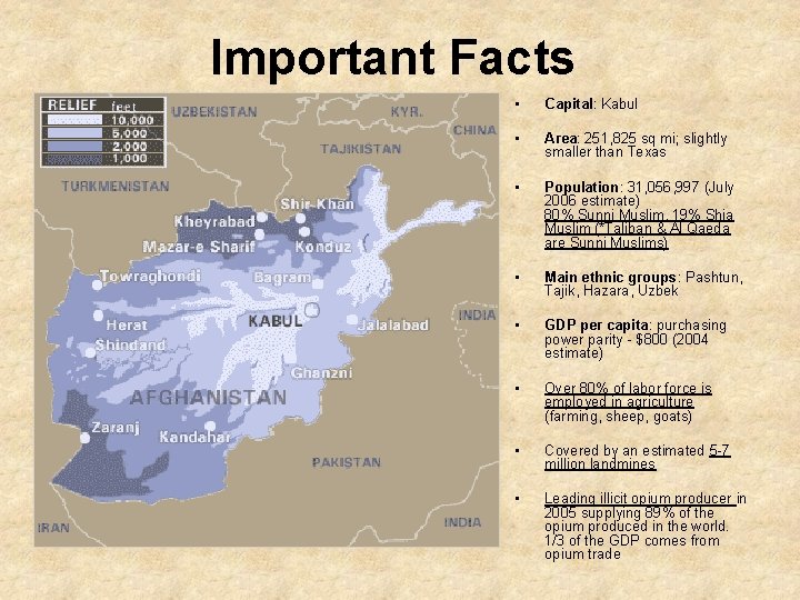 Important Facts • Capital: Kabul • Area: 251, 825 sq mi; slightly smaller than