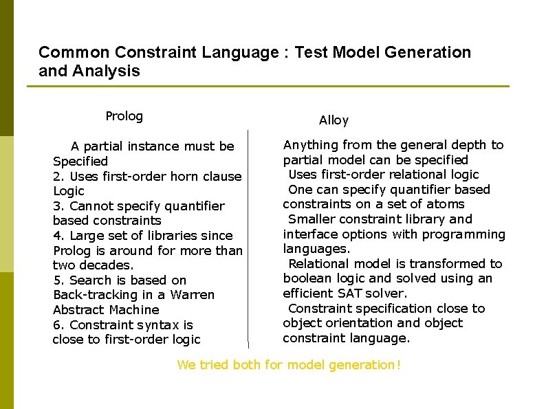 Common Constraint Language : Test Model Generation and Analysis Prolog Alloy 1. A partial