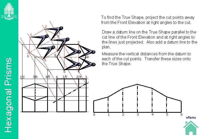 To find the True Shape, project the cut points away from the Front Elevation