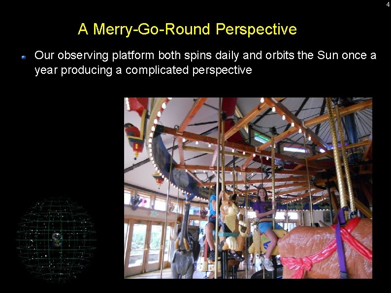 4 A Merry-Go-Round Perspective Our observing platform both spins daily and orbits the Sun