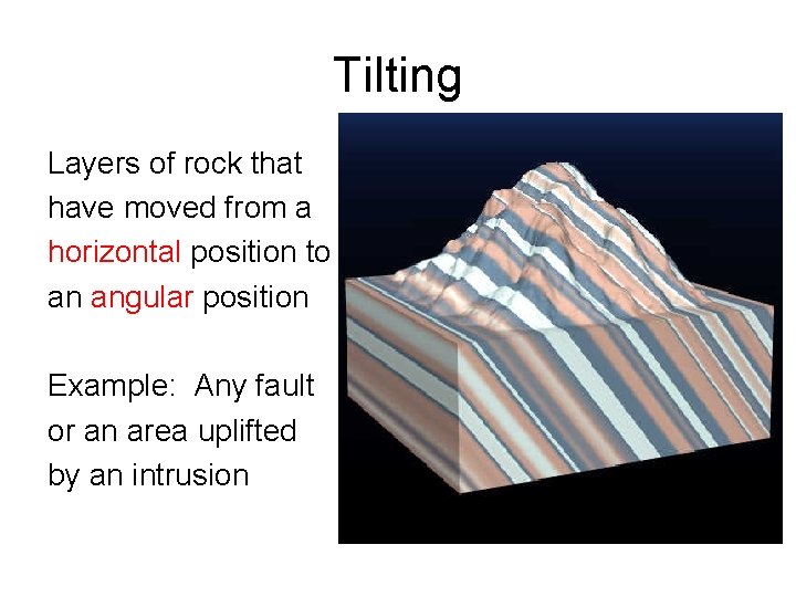 Tilting Layers of rock that have moved from a horizontal position to an angular