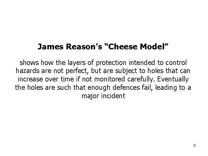 James Reason’s “Cheese Model” shows how the layers of protection intended to control hazards