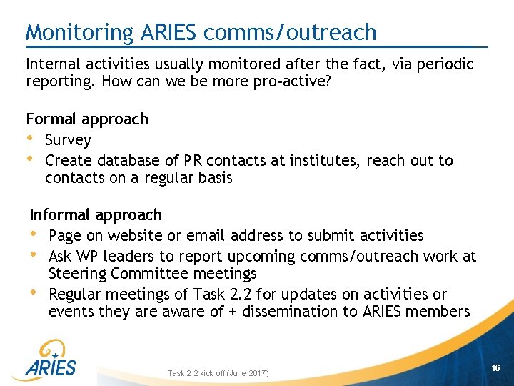 Monitoring ARIES comms/outreach Internal activities usually monitored after the fact, via periodic reporting. How