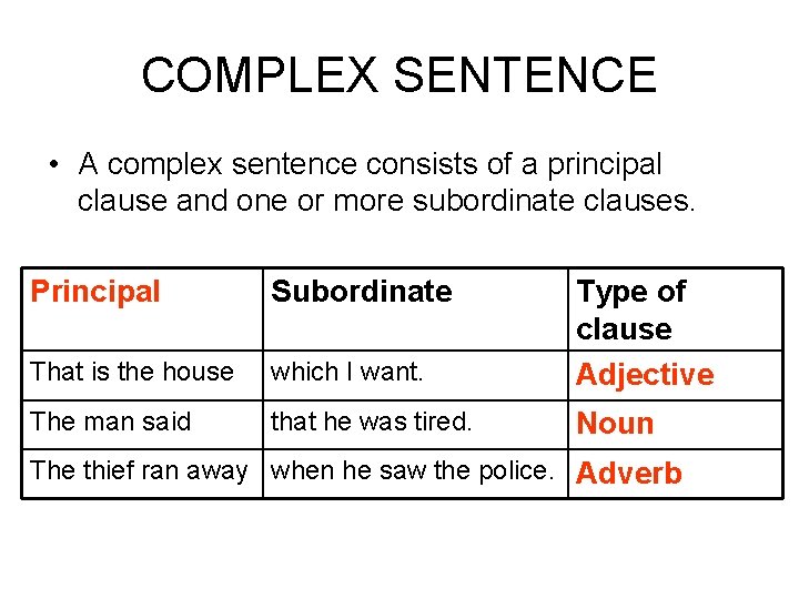 COMPLEX SENTENCE • A complex sentence consists of a principal clause and one or