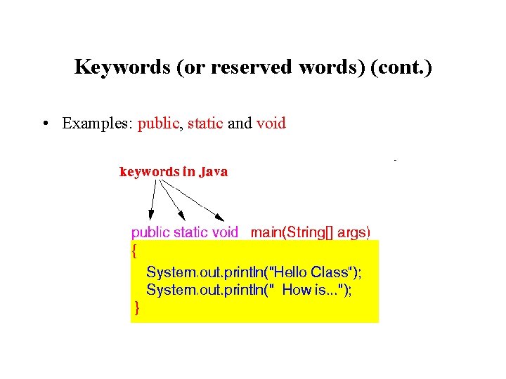 Keywords (or reserved words) (cont. ) • Examples: public, static and void Keywords (or reserved words) (cont. ) • Examples: public, static and void