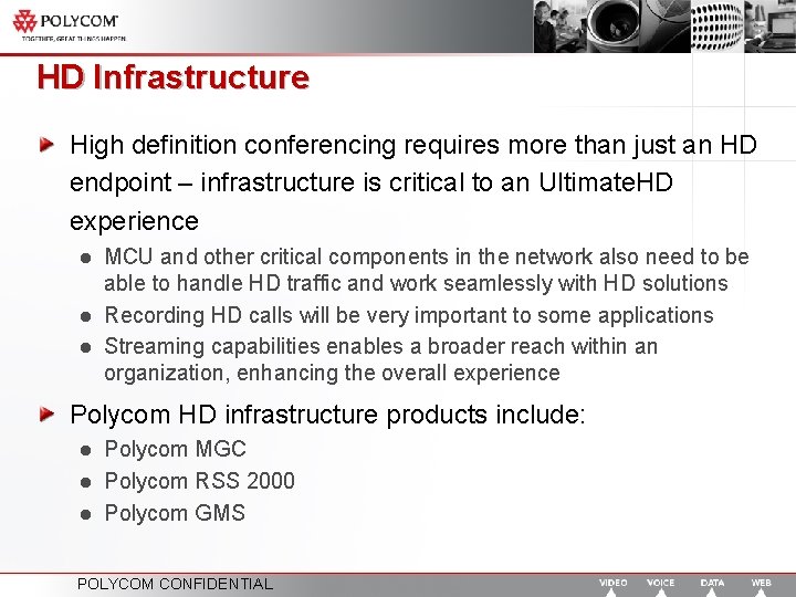 HD Infrastructure High definition conferencing requires more than just an HD endpoint – infrastructure