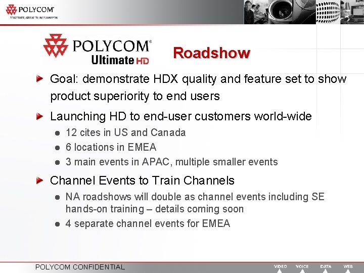  Roadshow Goal: demonstrate HDX quality and feature set to show product superiority to