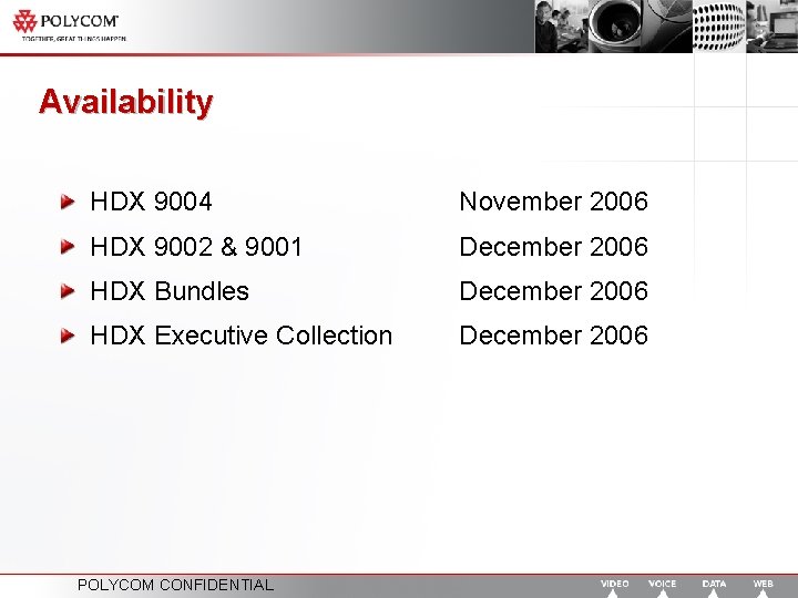 Availability HDX 9004 November 2006 HDX 9002 & 9001 December 2006 HDX Bundles December