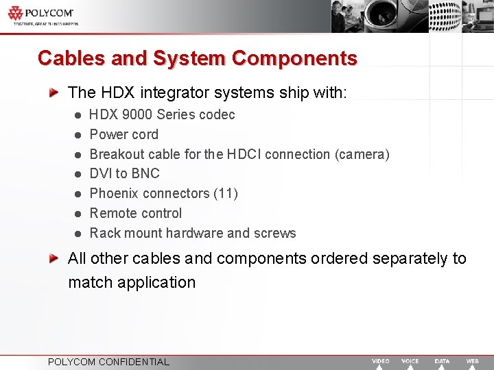 Cables and System Components The HDX integrator systems ship with: l l l l