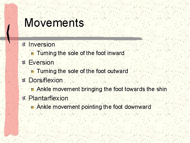 Movements Inversion Turning the sole of the foot inward Eversion Turning the sole of