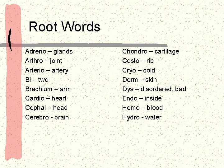 Root Words Adreno – glands Arthro – joint Arterio – artery Bi – two