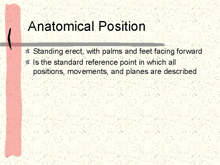 Anatomical Position Standing erect, with palms and feet facing forward Is the standard reference