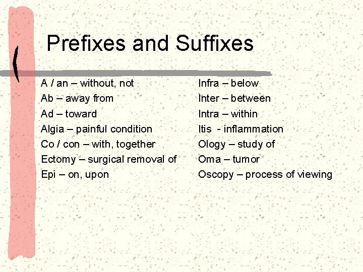 Prefixes and Suffixes A / an – without, not Ab – away from Ad