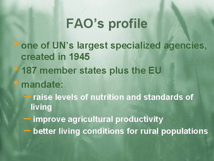 FAO’s profile • one of UN’s largest specialized agencies, • • created in 1945