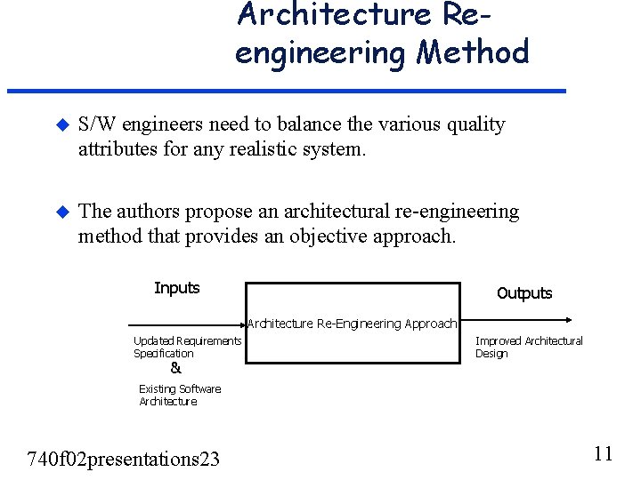 Architecture Reengineering Method u S/W engineers need to balance the various quality attributes for Architecture Reengineering Method u S/W engineers need to balance the various quality attributes for
