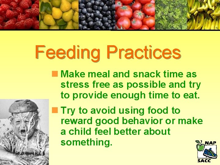 Feeding Practices n Make meal and snack time as stress free as possible and