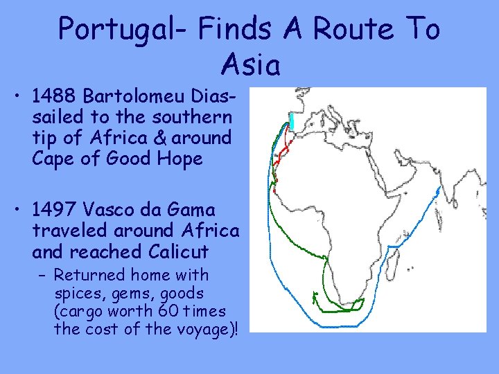 Portugal- Finds A Route To Asia • 1488 Bartolomeu Diassailed to the southern tip