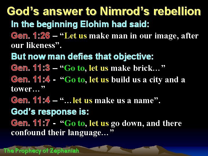 God’s answer to Nimrod’s rebellion In the beginning Elohim had said: Gen. 1: 26