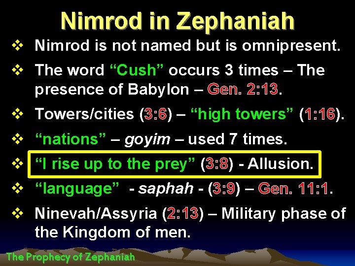 Nimrod in Zephaniah v Nimrod is not named but is omnipresent. v The word