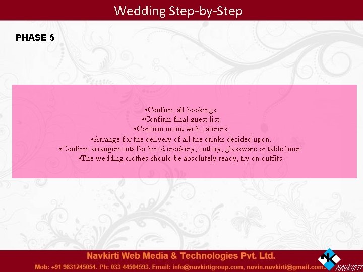 Wedding Step-by-Step PHASE 5 • Confirm all bookings. • Confirm final guest list. •