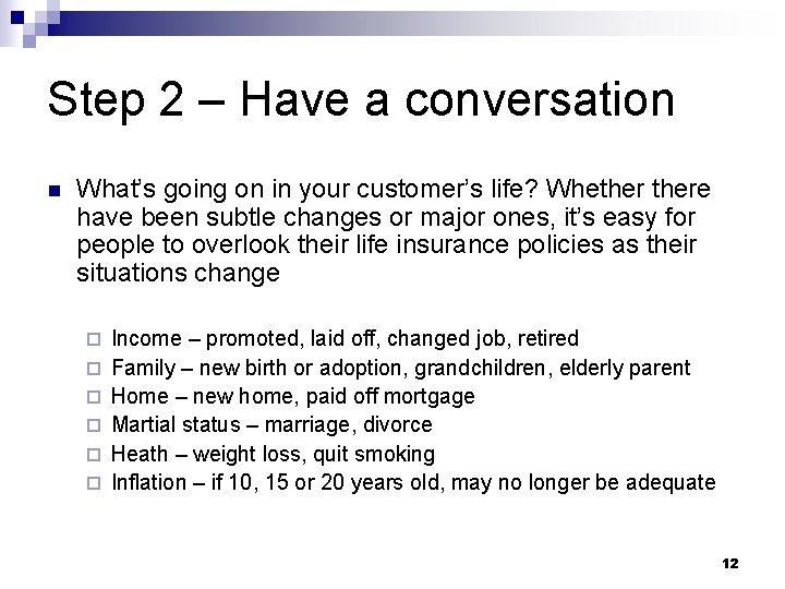 Step 2 – Have a conversation n What’s going on in your customer’s life?