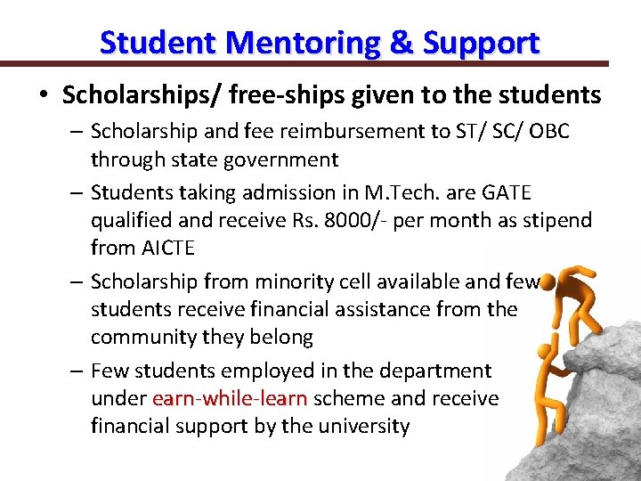 Student Mentoring & Support • Scholarships/ free-ships given to the students – Scholarship and