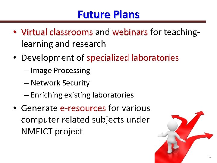 Future Plans • Virtual classrooms and webinars for teachinglearning and research • Development of