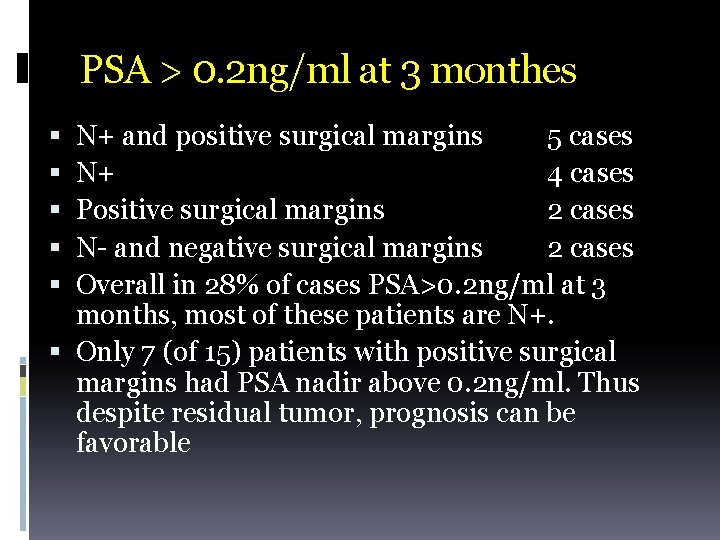 PSA > 0. 2 ng/ml at 3 monthes N+ and positive surgical margins 5