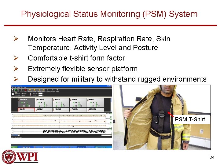 Physiological Status Monitoring (PSM) System Ø Ø Monitors Heart Rate, Respiration Rate, Skin Temperature,