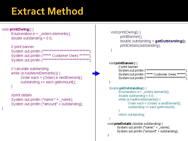 Extract Method void print. Owing() { Enumeration e = _orders. elements(); double outstanding =