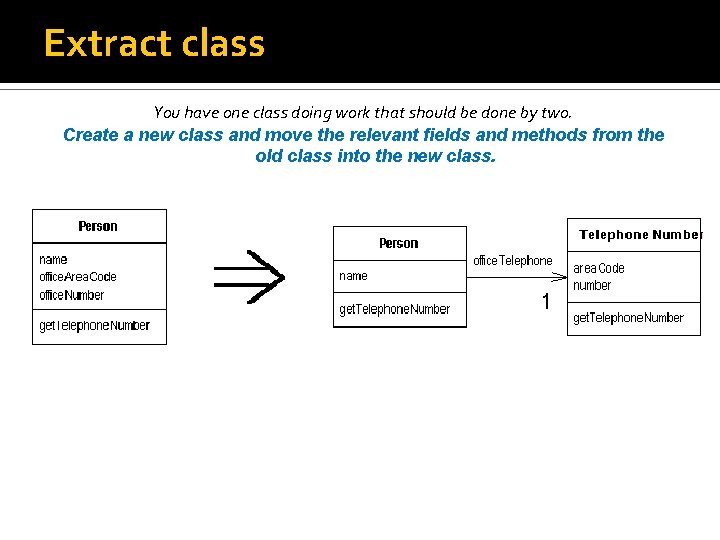 Extract class You have one class doing work that should be done by two.