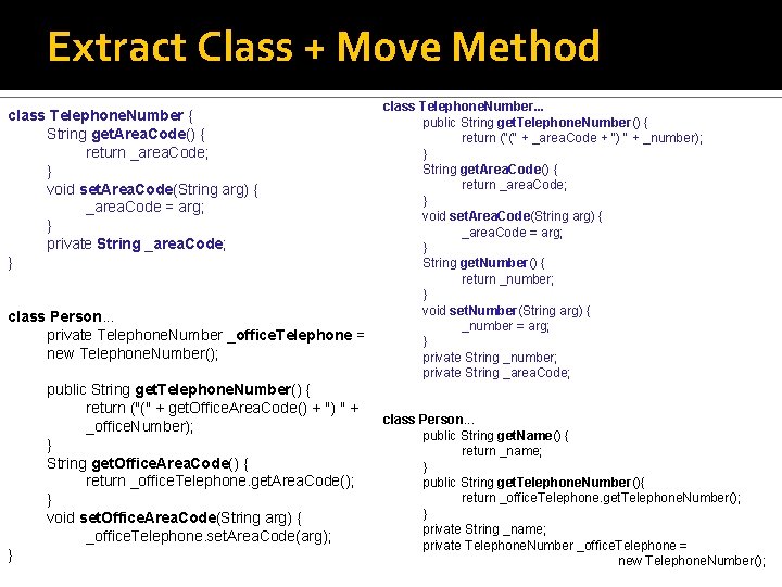 Extract Class + Move Method class Telephone. Number { String get. Area. Code() {