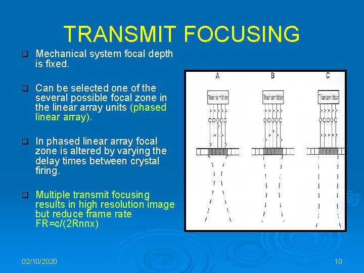 TRANSMIT FOCUSING q Mechanical system focal depth is fixed. q Can be selected one