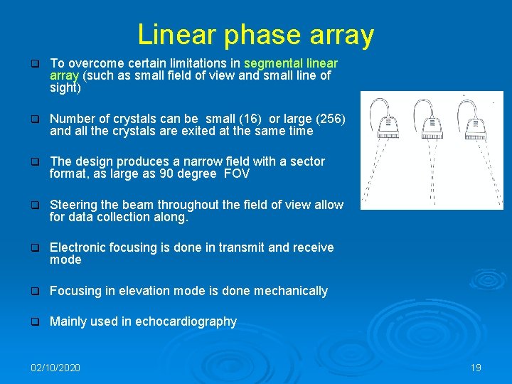 Linear phase array q To overcome certain limitations in segmental linear array (such as