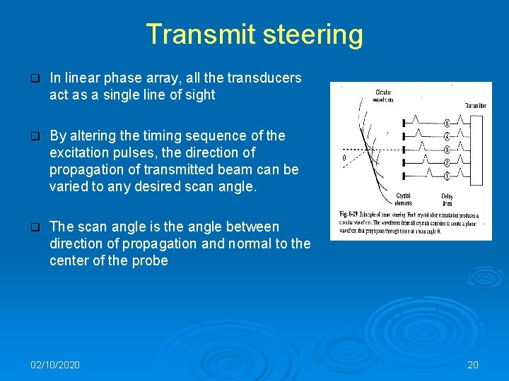 Transmit steering q In linear phase array, all the transducers act as a single