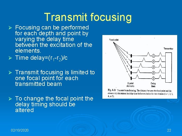 Transmit focusing Focusing can be performed for each depth and point by varying the