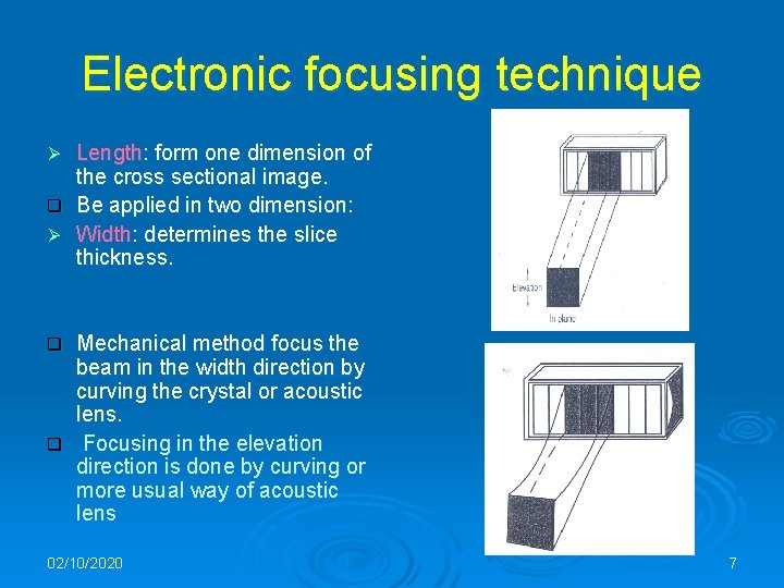 Electronic focusing technique Length: form one dimension of the cross sectional image. q Be