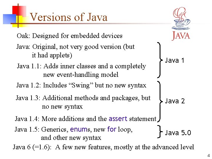 Versions of Java Oak: Designed for embedded devices Java: Original, not very good version