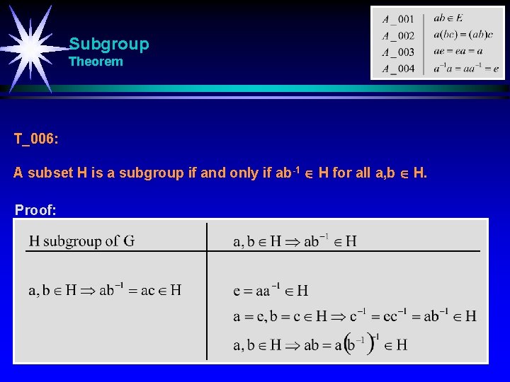 Subgroup Theorem T_006: A subset H is a subgroup if and only if ab-1