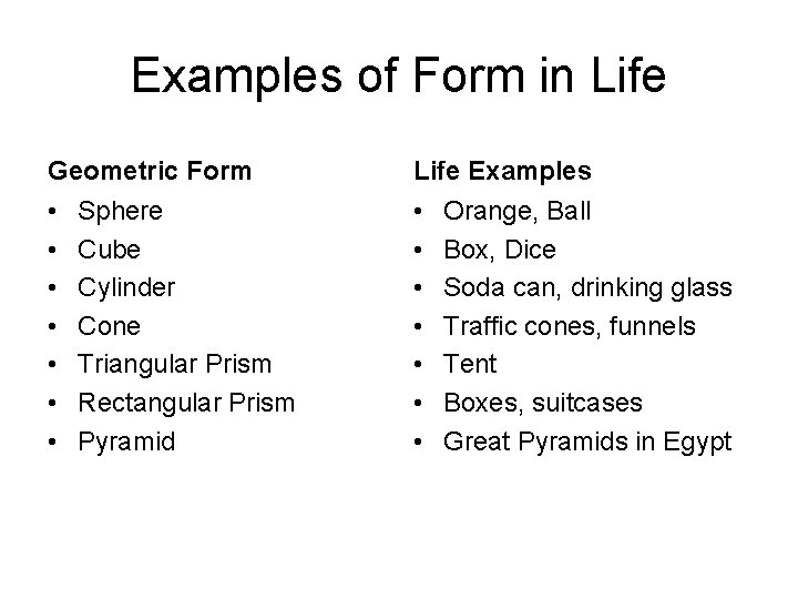 Examples of Form in Life Geometric Form Life Examples • • • • Sphere Examples of Form in Life Geometric Form Life Examples • • • • Sphere