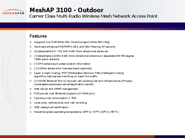 Mesh. AP 3100 - Outdoor Carrier Class Multi-Radio Wireless Mesh Network Access Point Features