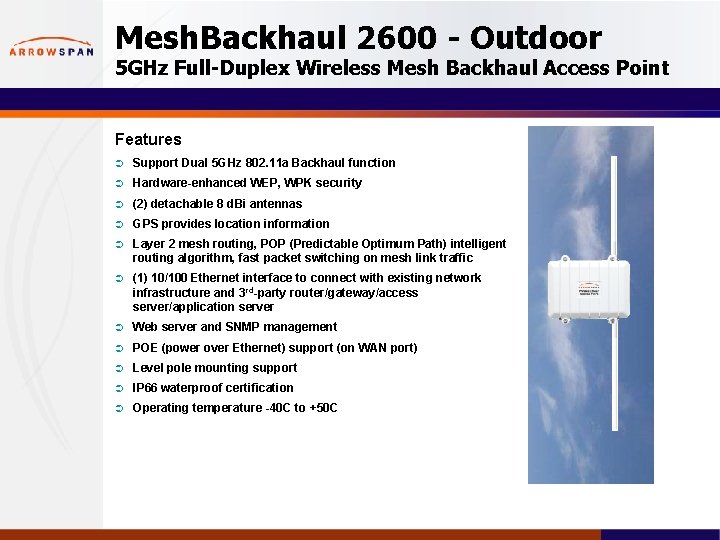 Mesh. Backhaul 2600 - Outdoor 5 GHz Full-Duplex Wireless Mesh Backhaul Access Point Features