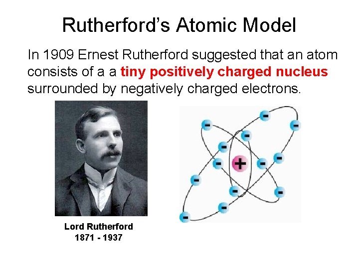 Rutherford’s Atomic Model In 1909 Ernest Rutherford suggested that an atom consists of a