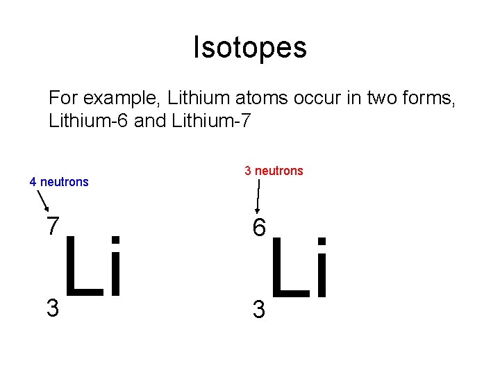 Isotopes For example, Lithium atoms occur in two forms, Lithium-6 and Lithium-7 4 neutrons