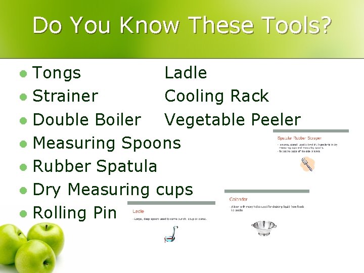 Do You Know These Tools? Tongs Ladle l Strainer Cooling Rack l Double Boiler