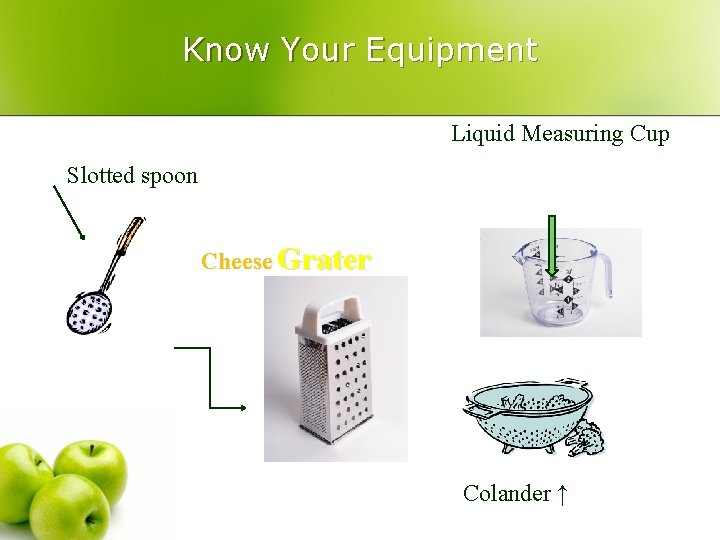 Know Your Equipment Liquid Measuring Cup Slotted spoon Cheese Grater Colander ↑ 