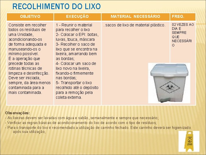 RECOLHIMENTO DO LIXO OBJETIVO Consiste em recolher todos os resíduos de uma Unidade, acondicionando-os