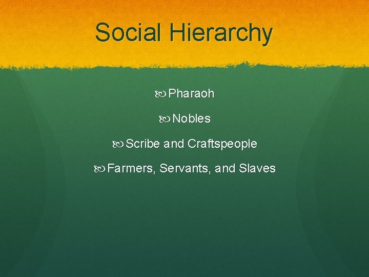Social Hierarchy Pharaoh Nobles Scribe and Craftspeople Farmers, Servants, and Slaves 