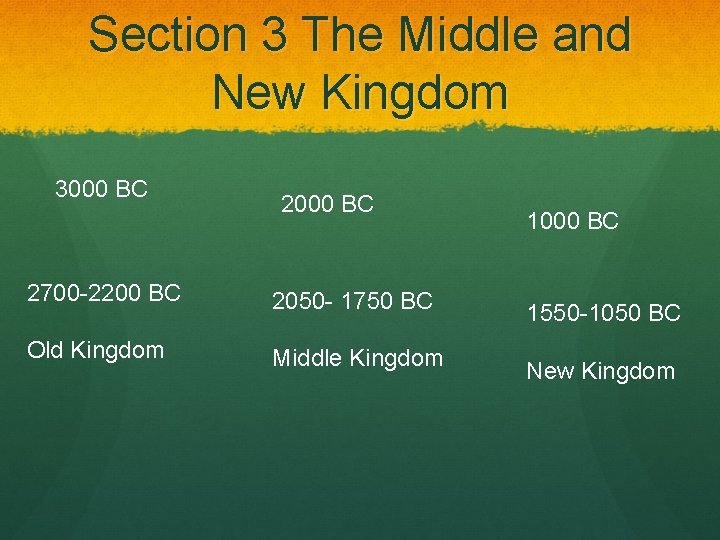 Section 3 The Middle and New Kingdom 3000 BC 2700 -2200 BC 2050 -