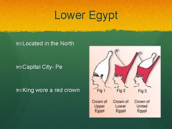 Lower Egypt Located in the North Capital City- Pe King wore a red crown
